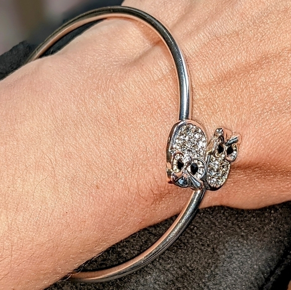 Silver Double Owl Bangle Bracelet - Picture 6 of 7